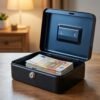 Caja de caudales negra metálica abierta que revela fajos de billetes de euro y monedas en un compartimento interior organizador.