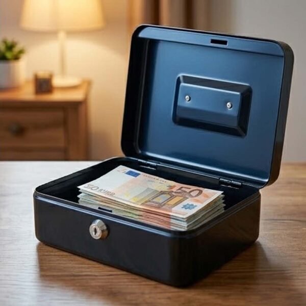 Caja de caudales negra metálica abierta que revela fajos de billetes de euro y monedas en un compartimento interior organizador.