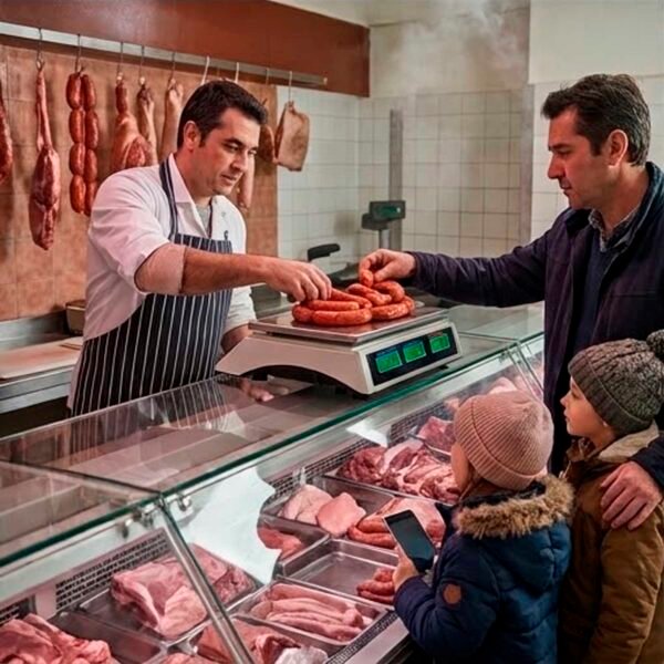 Mostrador de carnicería con dependiente y clientes utilizando balanza comercial digital