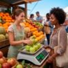 Vendedora joven atendiendo a clienta en puesto de frutería con balanza digital