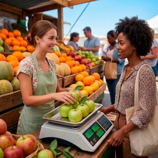 Vendedora joven atendiendo a clienta en puesto de frutería con balanza digital