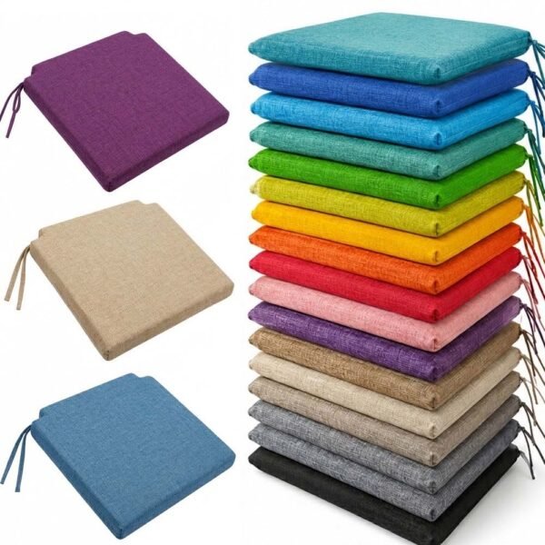 Pila de cojines para silla de 40x40x3 cm en varios colores con muescas traseras y cojines flotantes individuales, tela resistente y transpirable.