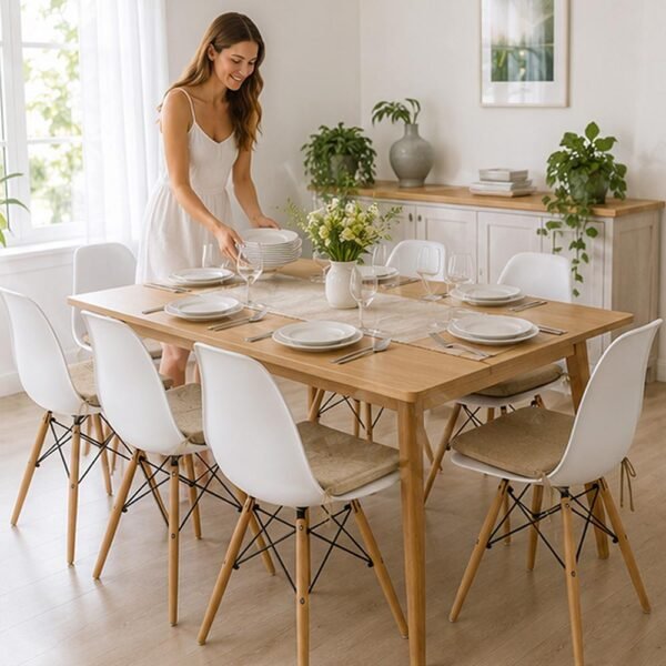 Mesa de comedor familiar con sillas de madera decoradas con cojines textiles