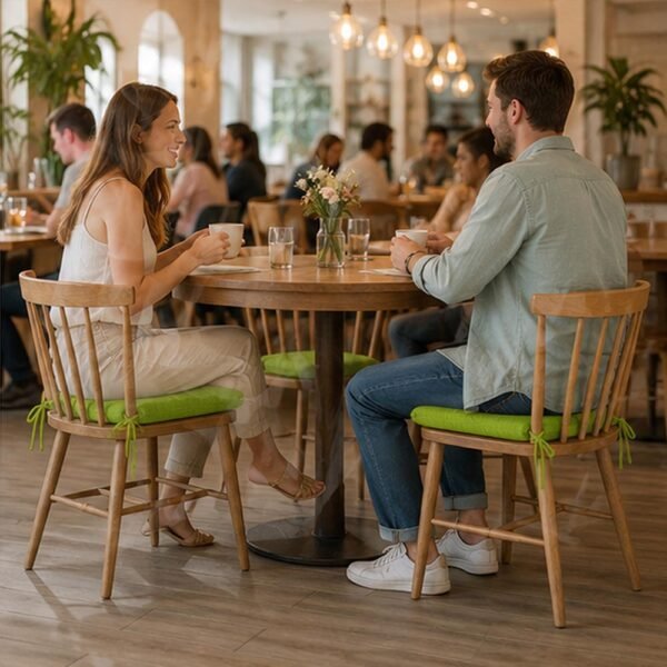 Comensales en un restaurante sentados en sillas provistas de cojines confortables