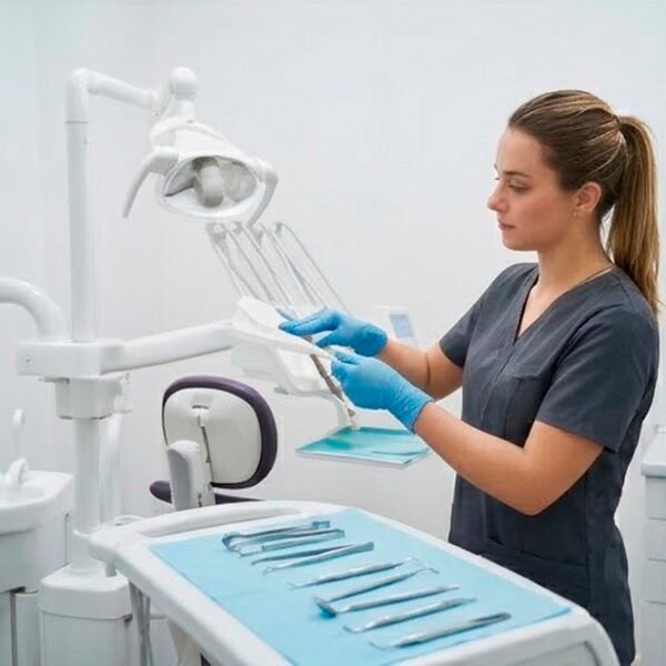 Dentista limpiando instrumental en clínica con papel secamanos profesional