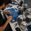 Persona organizando pequeños componentes y herramientas en un taller con tarros de vidrio multiposición