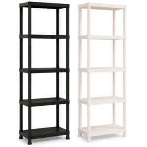 Estantería modular de plástico resina de 5 baldas en color negro y blanco sobre fondo blanco puro