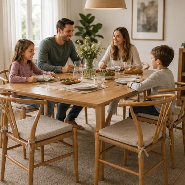 Familia reunida alrededor de la mesa de comedor con sillas confortables y cojines