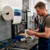 Mecánico limpiando herramientas y piezas con papel secamanos industrial