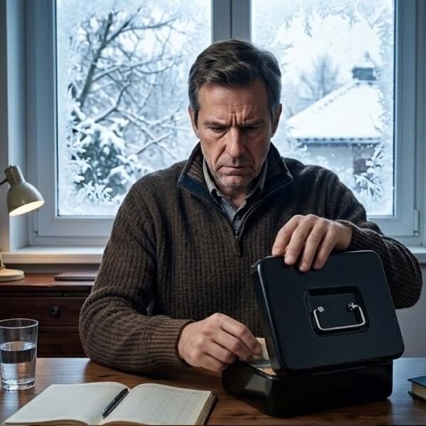 Un hombre de mediana edad sentado en una mesa, mirando dentro de una caja de caudales negra abierta en un día de invierno, con billetes y monedas a la vista.