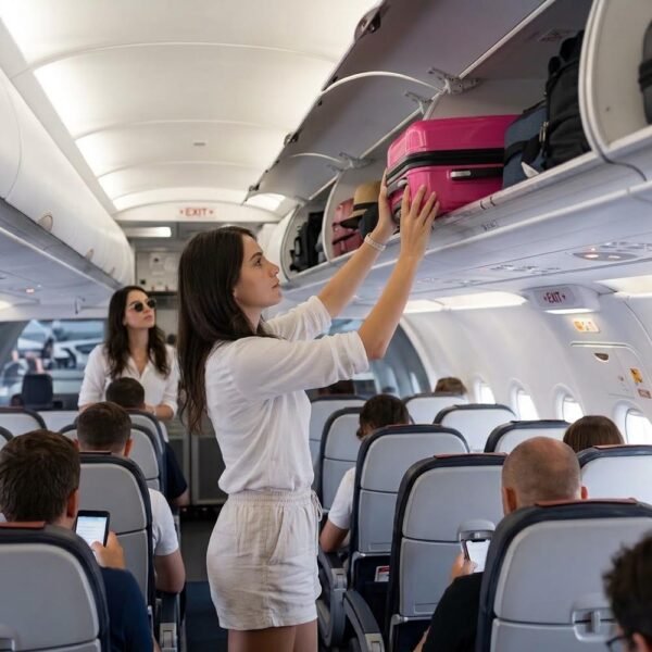 Joven estibando maleta de cabina rigida fucsia en compartimento superior avion MegaShark