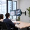Dos monitores instalados mediante brazo de soporte articulado en la pared de una oficina moderna