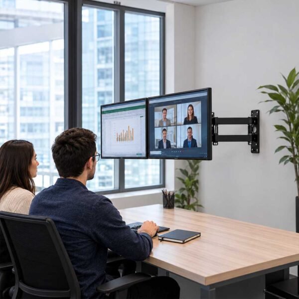 Dos monitores instalados mediante brazo de soporte articulado en la pared de una oficina moderna