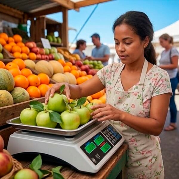 Vendedora pesando selección de fruta fresca en puesto de mercado con balanza digital