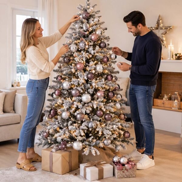Pareja decorando un árbol nevado con bolas navideñas en tonos rosa y granate de MegaSharkCo.