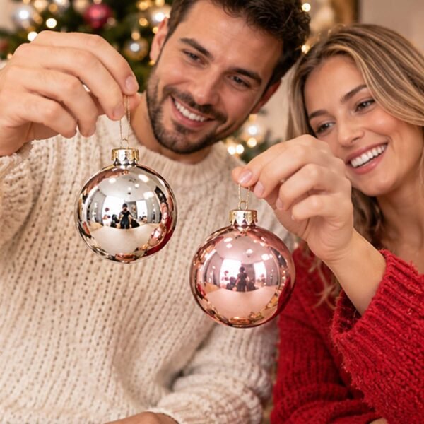 Pareja sonriente mostrando bolas navideñas brillantes a la cámara en MegaSharkCo.