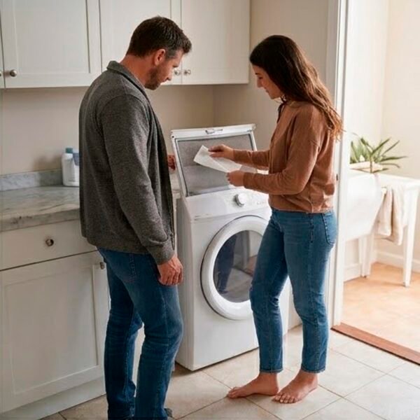 Pareja utilizando papel secamanos para limpieza del hogar y electrodomésticos