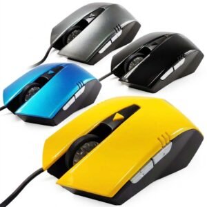 Portada de ratones ergonómicos con cable USB en colores amarillo, azul, negro y gris