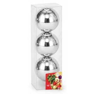 Set de 3 bolas de Navidad plata brillante de 10 cm en blíster transparente de MegaSharkCo.