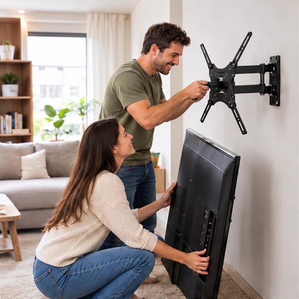 Persona instalando un soporte de pared articulado para televisión en el salón de casa