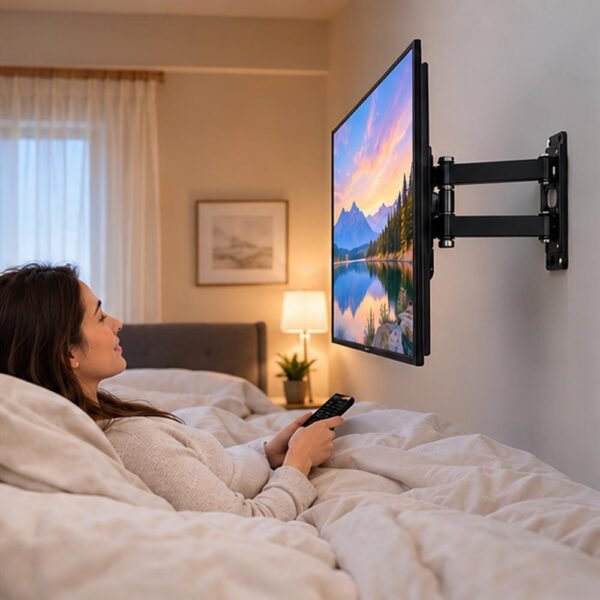 Televisor montado en la pared con soporte extensible orientado hacia la cama en una habitación